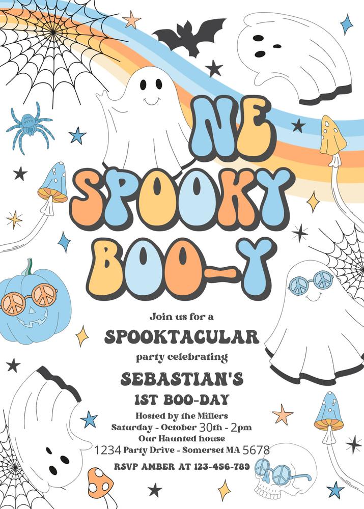 One Spooky Boo-y Ghost 1st Birthday Invitation | Retro Groovy Canva Template