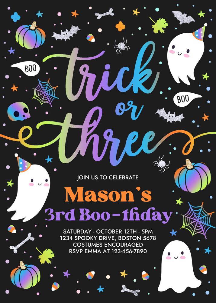 Trick or Three Ghost 3rd Birthday Invitation | Editable Canva Template