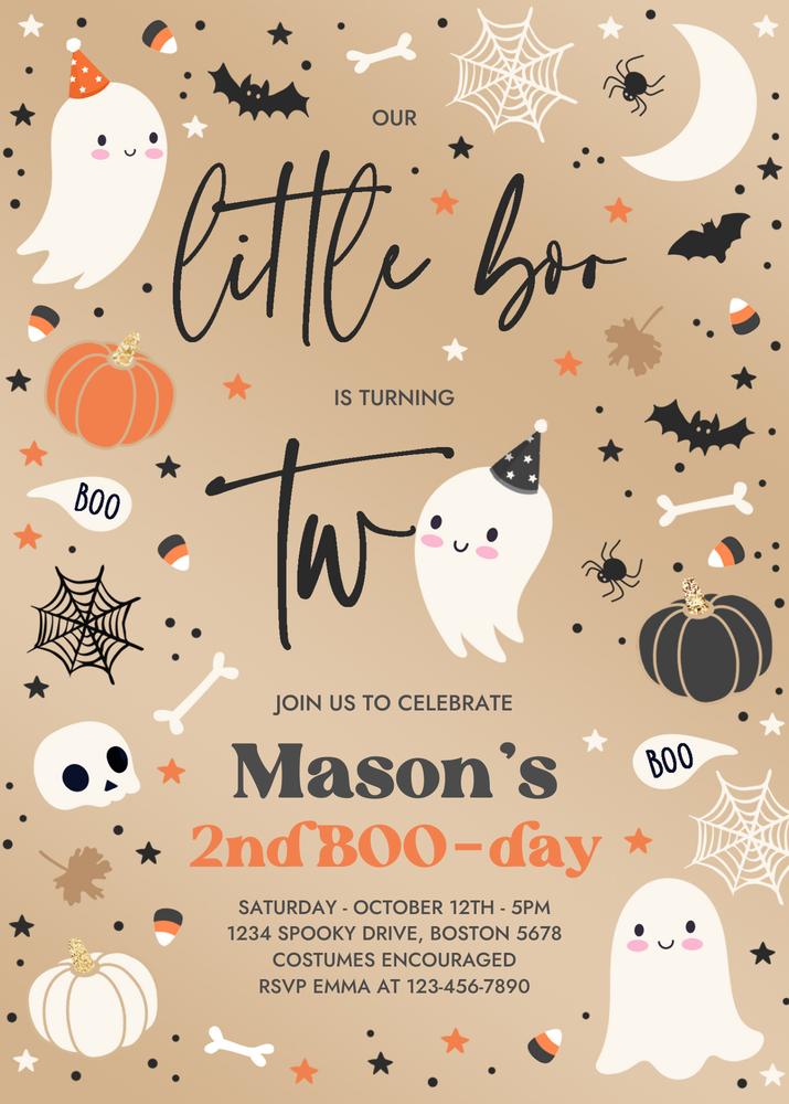 Little Boo 2nd Birthday Invitation | Blue Halloween Ghost Canva Template