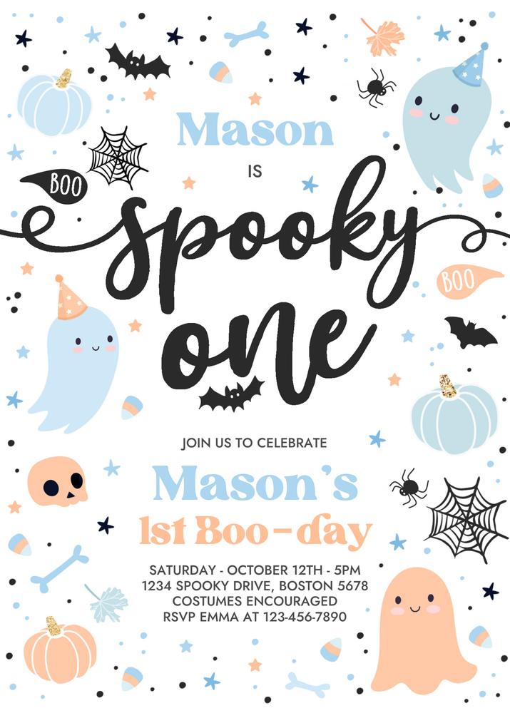 Spooky One 1st Birthday Invitation | Cute Boy Ghost Canva Template | Editable G62
