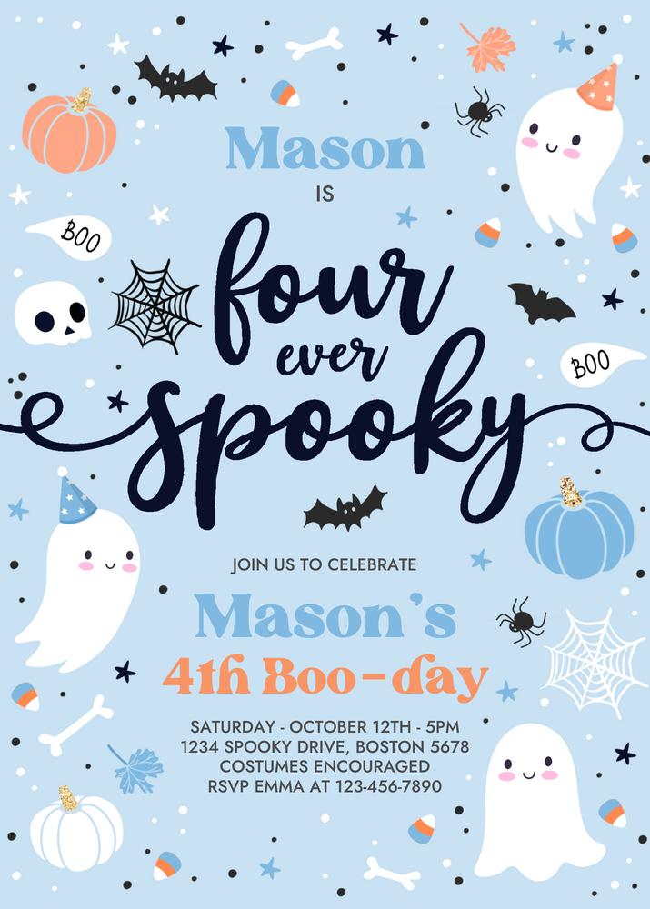 Four Ever Spooky 4th Birthday Invitation | Editable Blue Ghost Canva Template