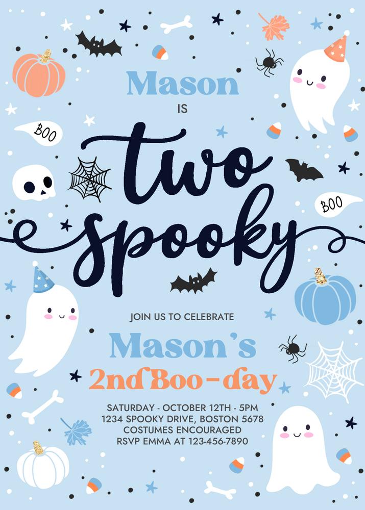 Two Spooky Ghost 2nd Birthday Invitation | Editable Canva Template for Boys