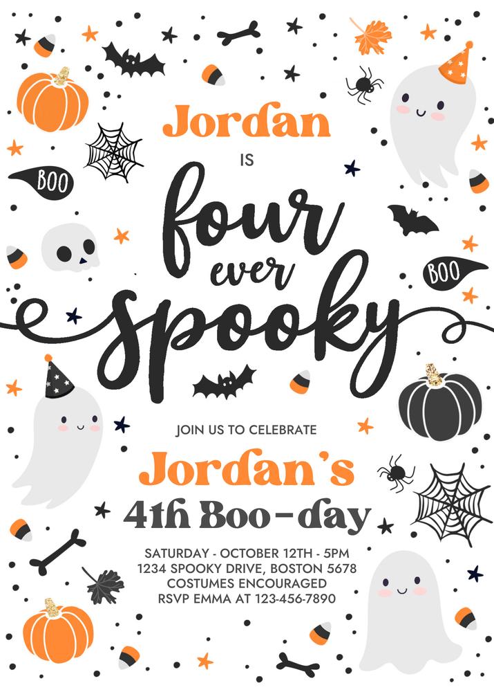 Four Ever Spooky 4th Birthday Invitation | Editable Blue Ghost Canva Template