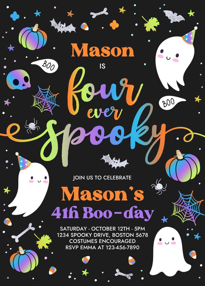 Four Ever Spooky 4th Birthday Invitation | Editable Blue Ghost Canva Template