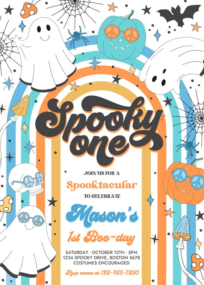 Spooky One Ghost 1st Birthday Invitation | Retro Groovy Halloween Canva Template