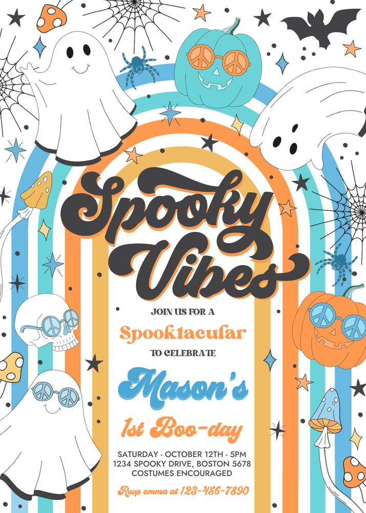 Retro Rainbow Ghost Birthday Invitation | Editable Canva Template