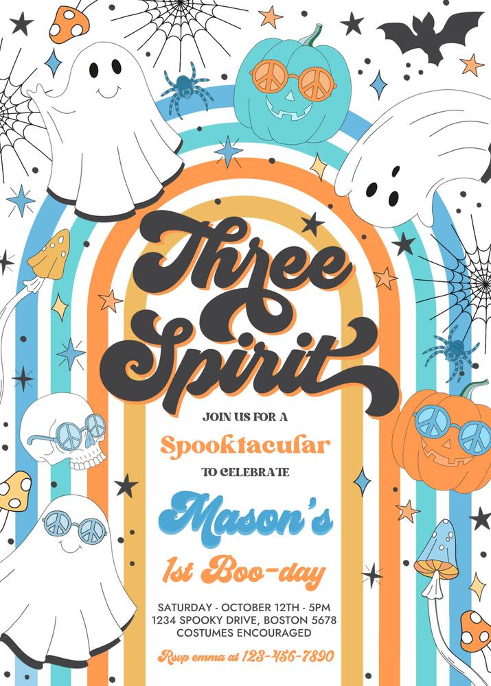 Three Spirit Halloween 3rd Birthday Invitation | Editable Groovy Ghost Canva