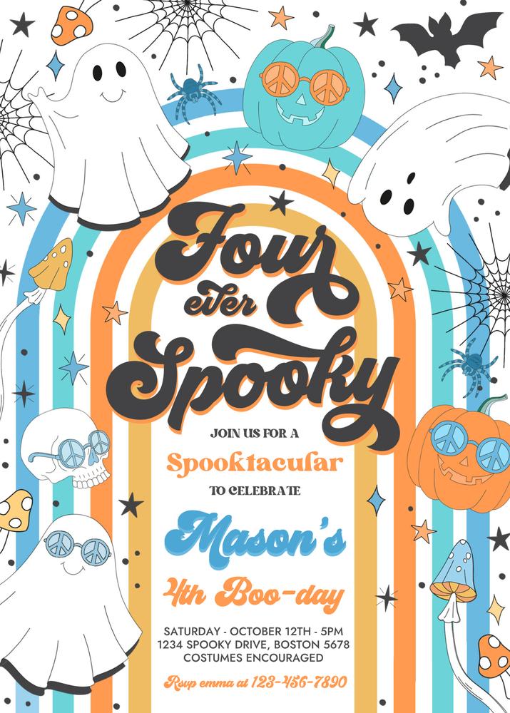 Editable Four Ever Spooky 4th Birthday Invite | Retro Groovy Ghost Canva Template