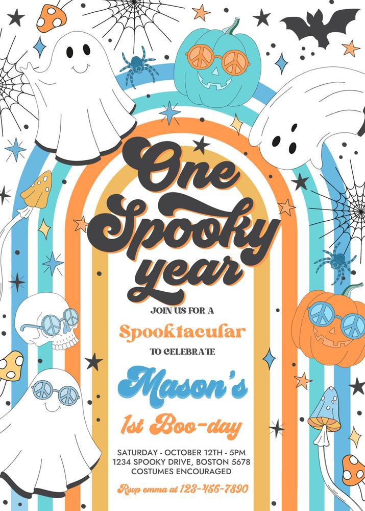 One Spooky Year Birthday Invitation | Retro Groovy Ghost Canva Template