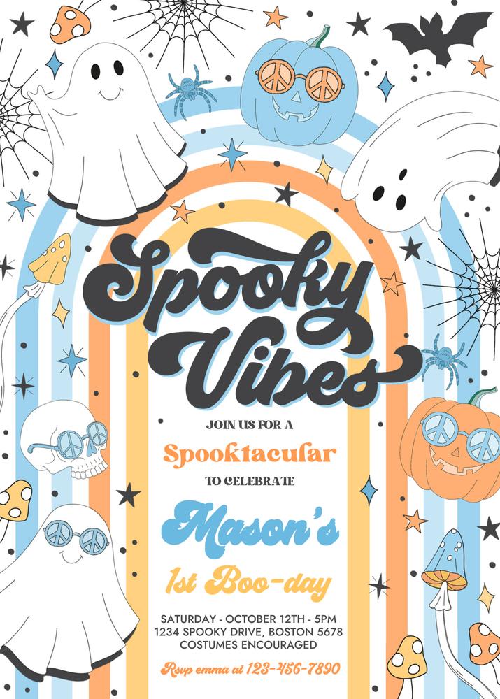 Retro Spooky Vibes Ghost Birthday Invitation | Editable Canva Template