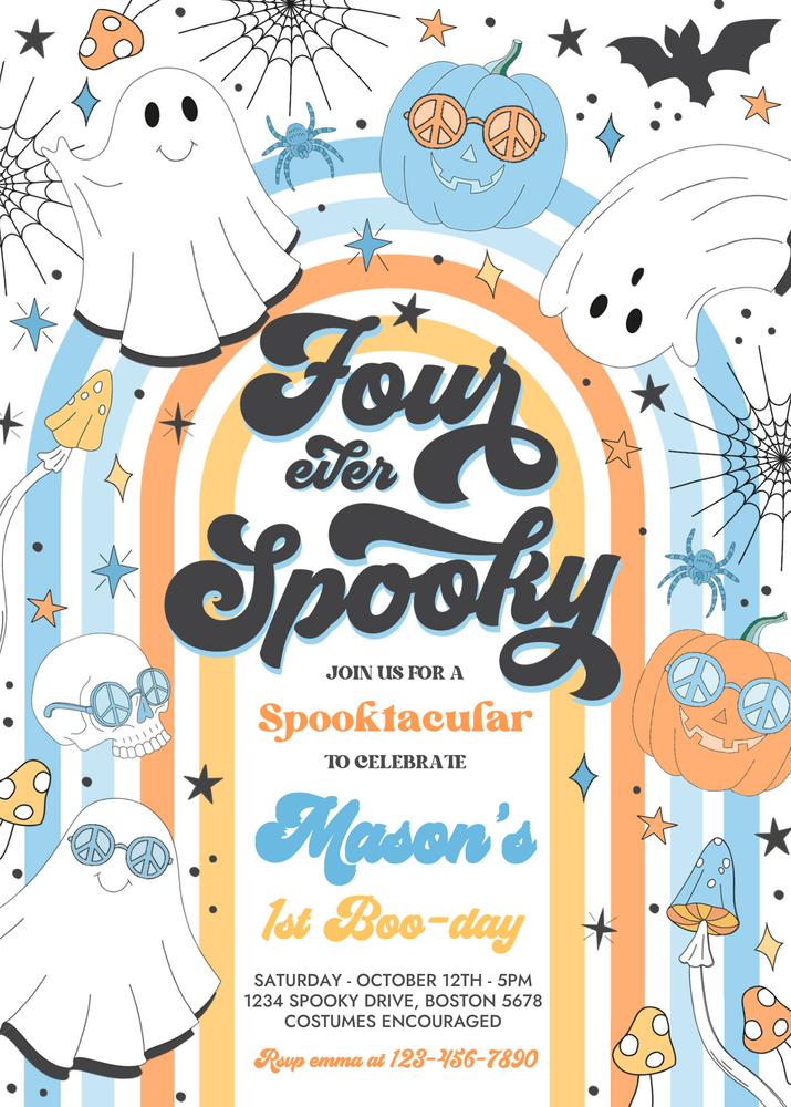 Four Ever Spooky 4th Birthday Invitation | Retro Ghost Editable Canva Template