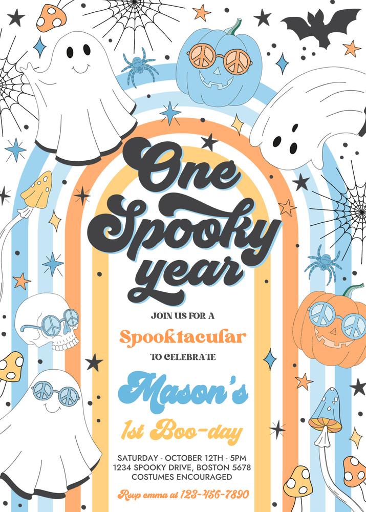 One Spooky Year Birthday Invitation | Retro Groovy Ghost Canva Template