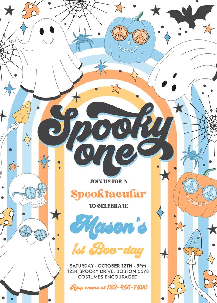 Spooky One 1st Birthday Invitation | Retro Groovy Ghost Halloween Canva Template