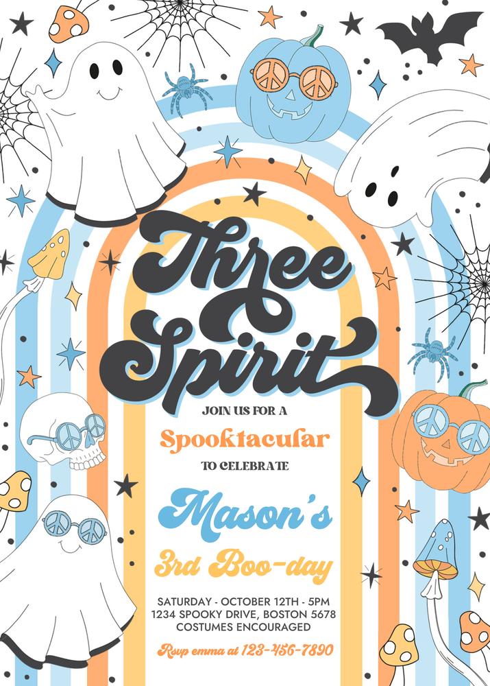 Retro Three Spirit Halloween 3rd Birthday Invitation Canva Template