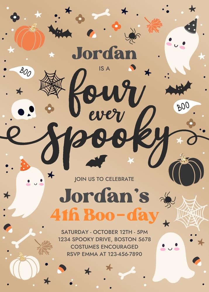 Editable Four Ever Spooky 4th Birthday Invitation | Retro Ghost Canva Template