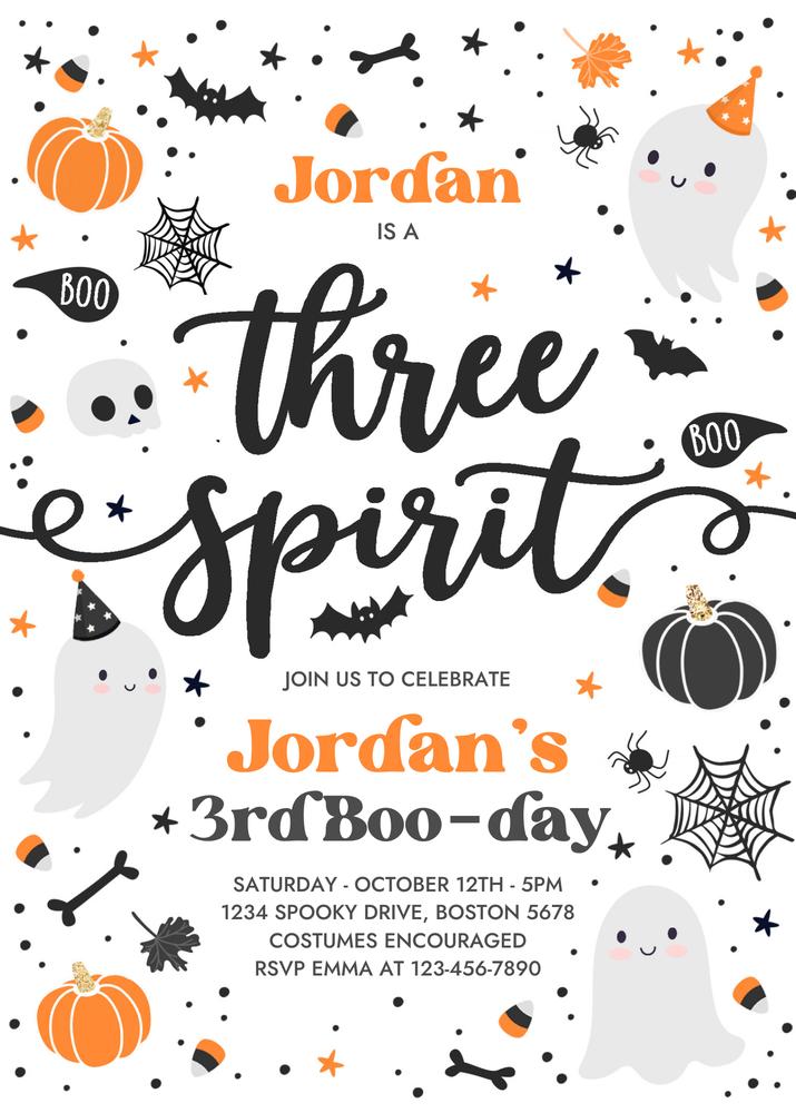 Three Spirit Halloween 3rd Birthday Invitation | Editable Canva Ghost Invite