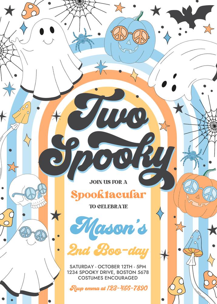 Two Spooky Ghost 2nd Birthday Invitation | Retro Groovy Canva Template