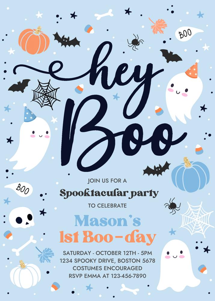 Editable Boy Ghost Birthday Invitation | Blue Halloween Hey Boo Party Template