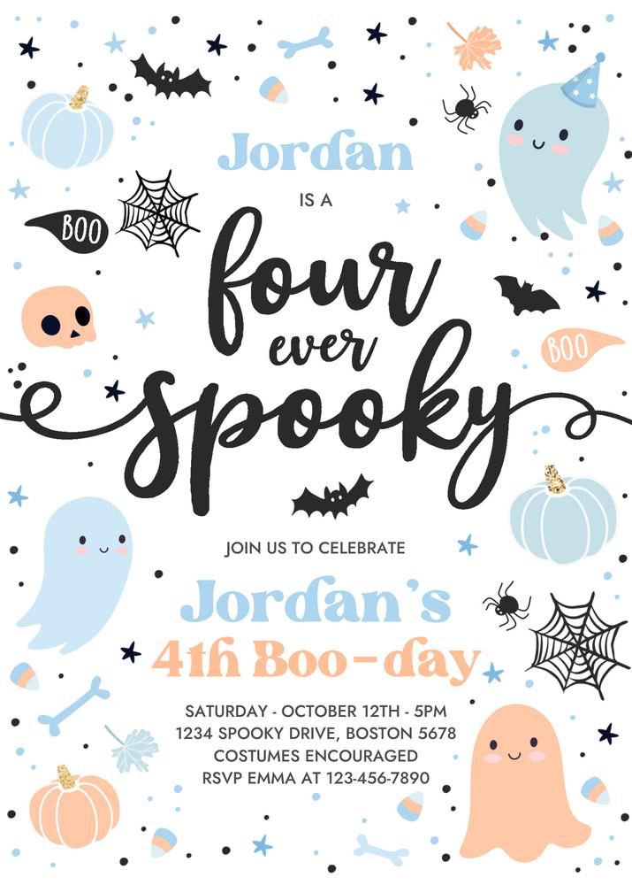 Four Ever Spooky 4th Birthday Invitation | Blue Ghost Canva Template