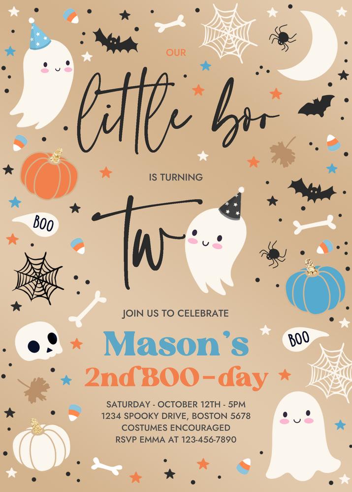 Editable Little Boo 2nd Birthday Invitation | Blue Ghost Halloween Party Template
