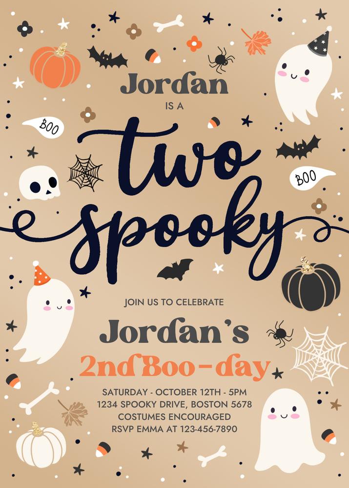 Two Spooky Blue Ghost 2nd Birthday Invitation | Vintage Halloween Canva Template