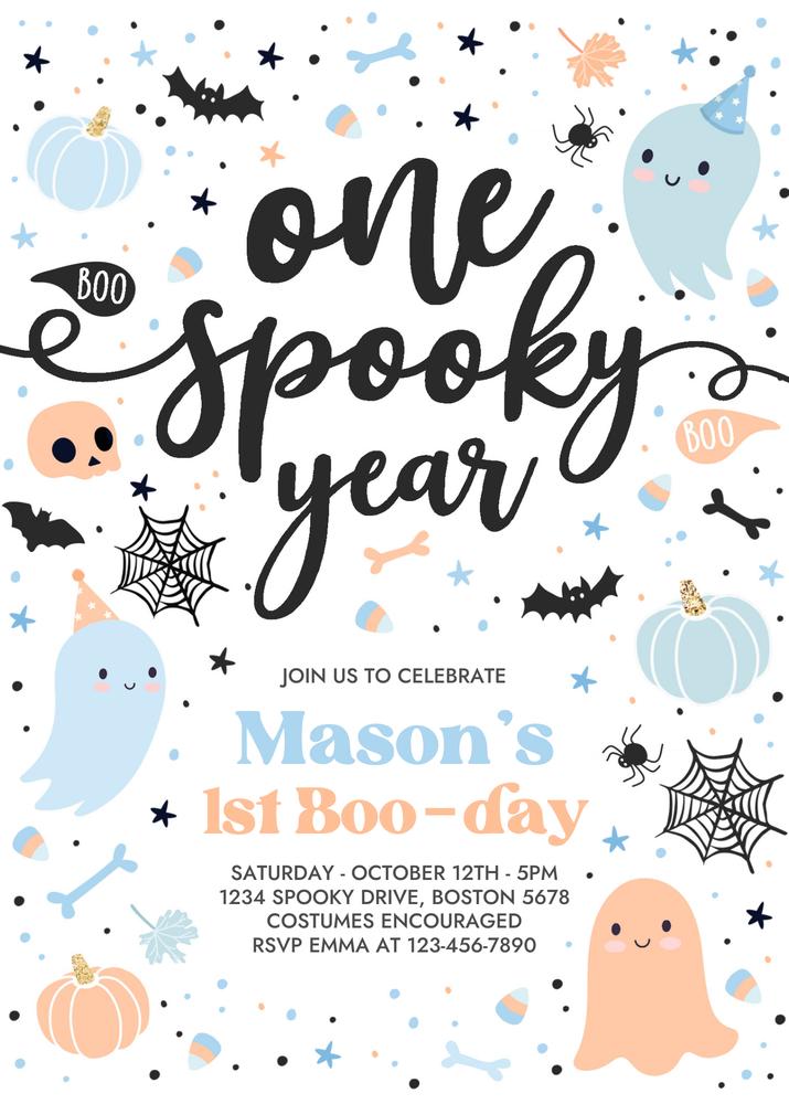 One Spooky Year Boy 1st Birthday Invitation | Blue Ghost Canva Template
