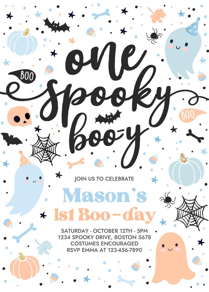 Spooky Boo-y Blue Ghost 1st Birthday Invitation | Editable Canva Template