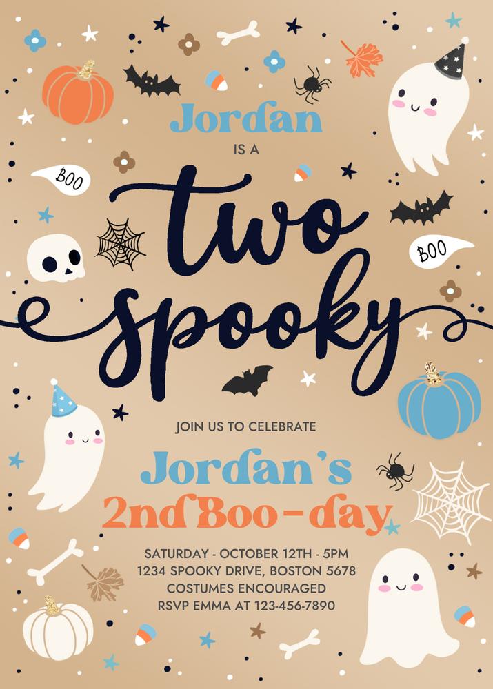Two Spooky Vintage Ghost 2nd Birthday Invitation | Editable Canva Template