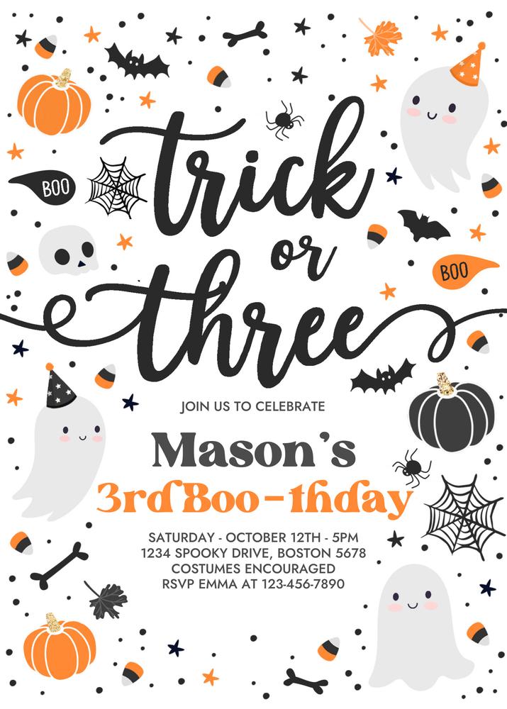 Trick or Three Ghost 3rd Birthday Invitation | Editable Canva Template