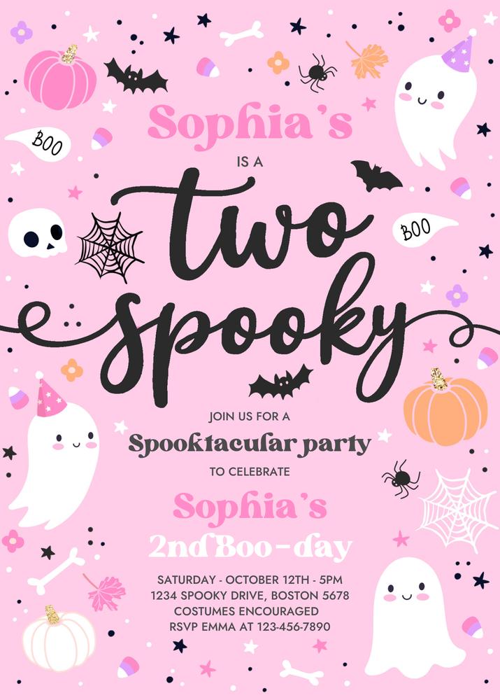 Two Spooky Pink Ghost 2nd Birthday Invitation | Editable Canva Template