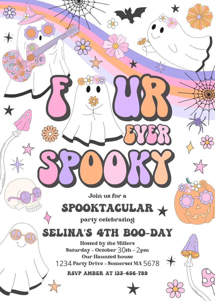 Four Ever Spooky Retro Ghost 4th Birthday Invitation | Editable Canva Template