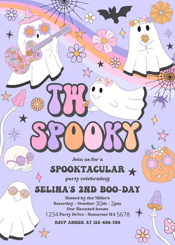 Two Spooky Ghost 2nd Birthday Invitation | Retro Groovy Halloween Canva Template