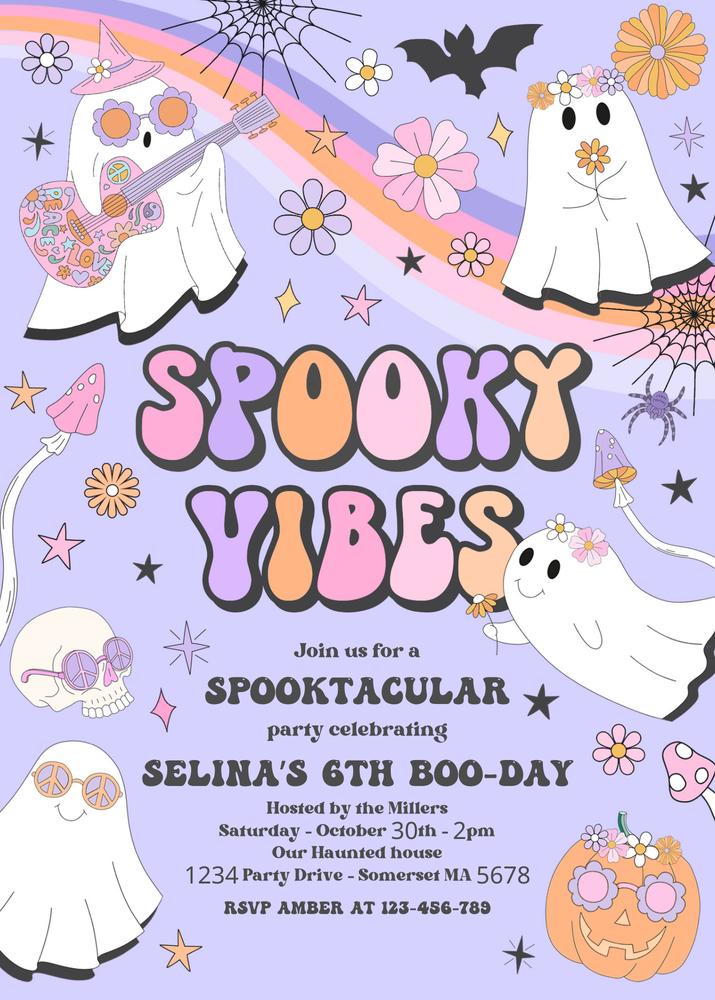 Retro Groovy Ghost Birthday Invitation | Editable Canva Halloween Invite
