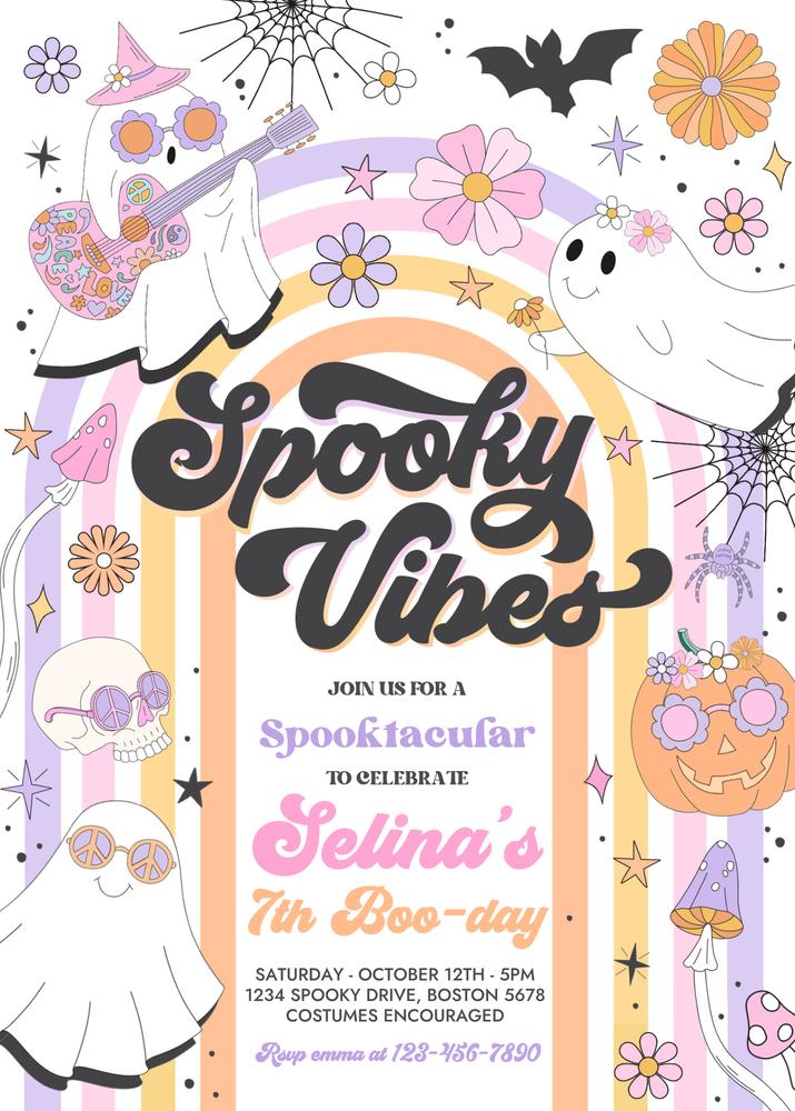 Editable Retro Groovy Ghost Birthday Invitation | Spooky Vibes Canva Template