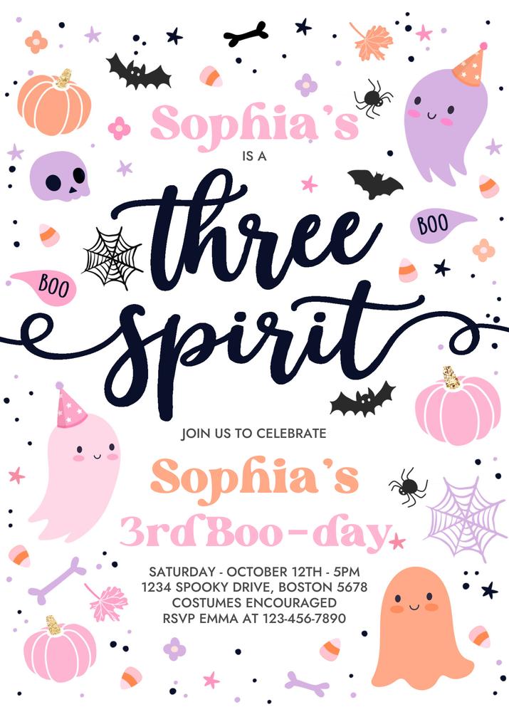 Pink Three Spirit Ghost 3rd Birthday Invitation | Editable Canva Spooktacular