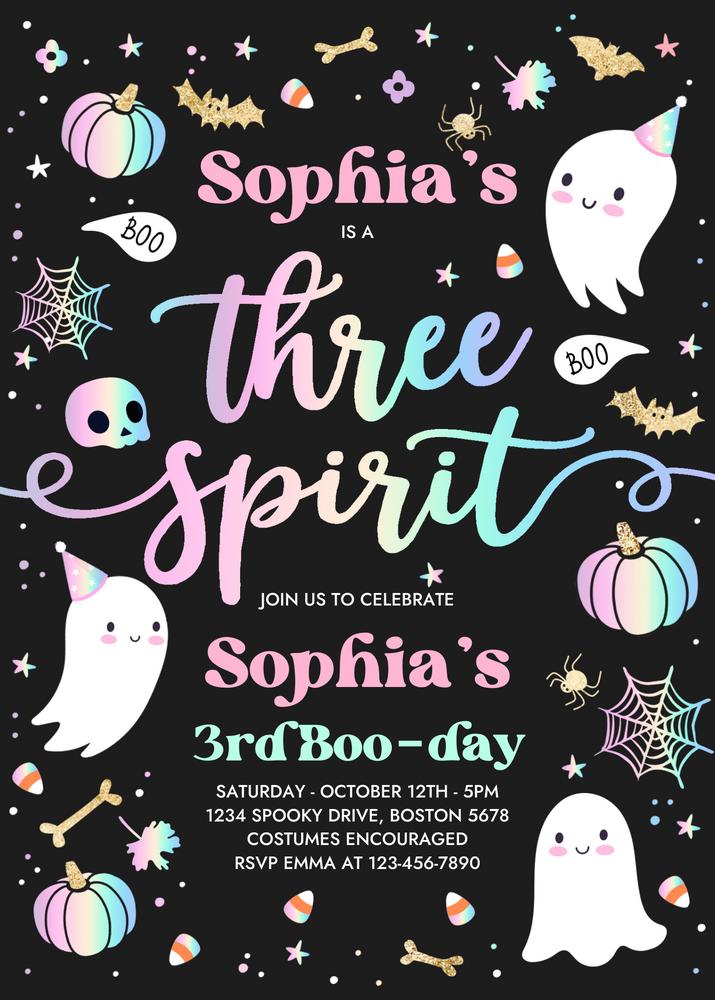 Pink Three Spirit Halloween Ghost 3rd Birthday Invitation Canva Template