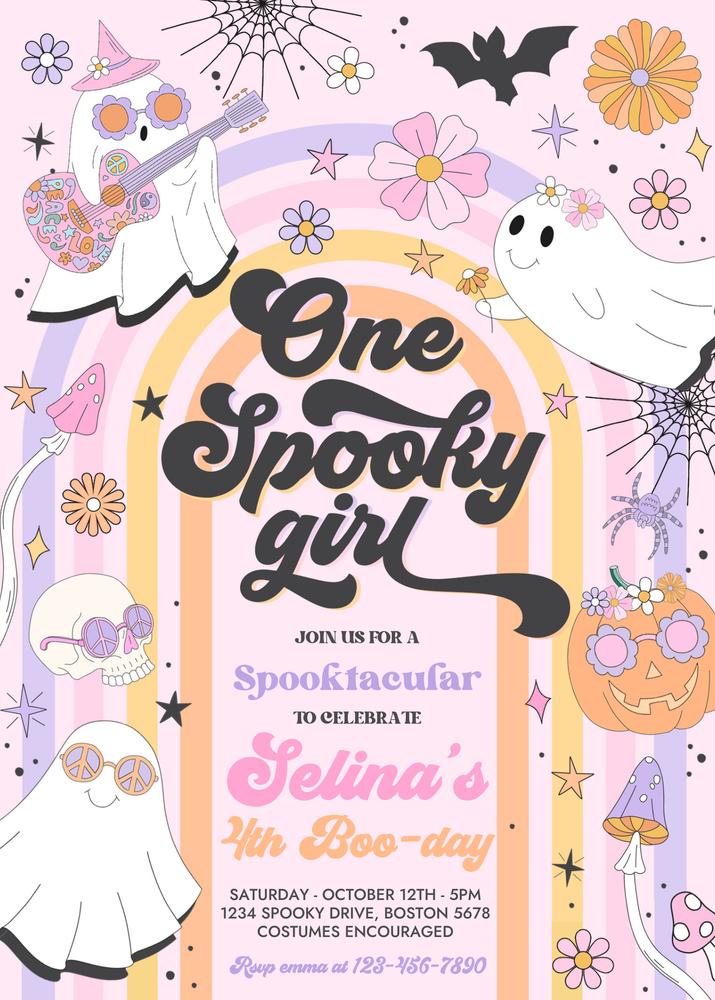 One Spooky Girl 1st Birthday Invitation | Groovy Ghost Retro Halloween Template
