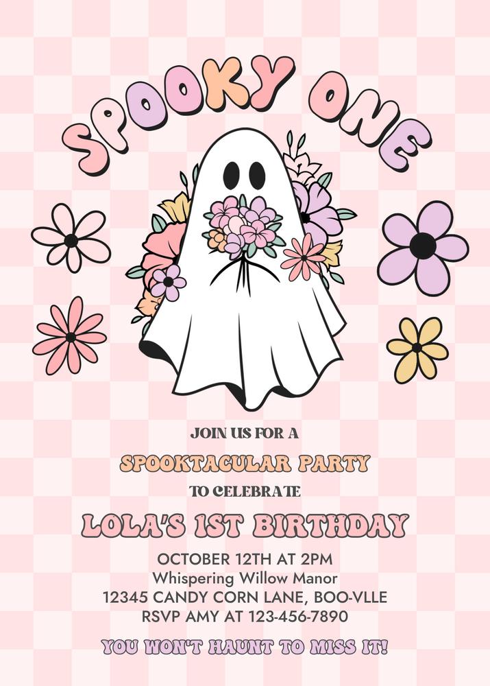 Spooky One 1st Birthday Invitation | Retro Pink Ghost Halloween Canva Template