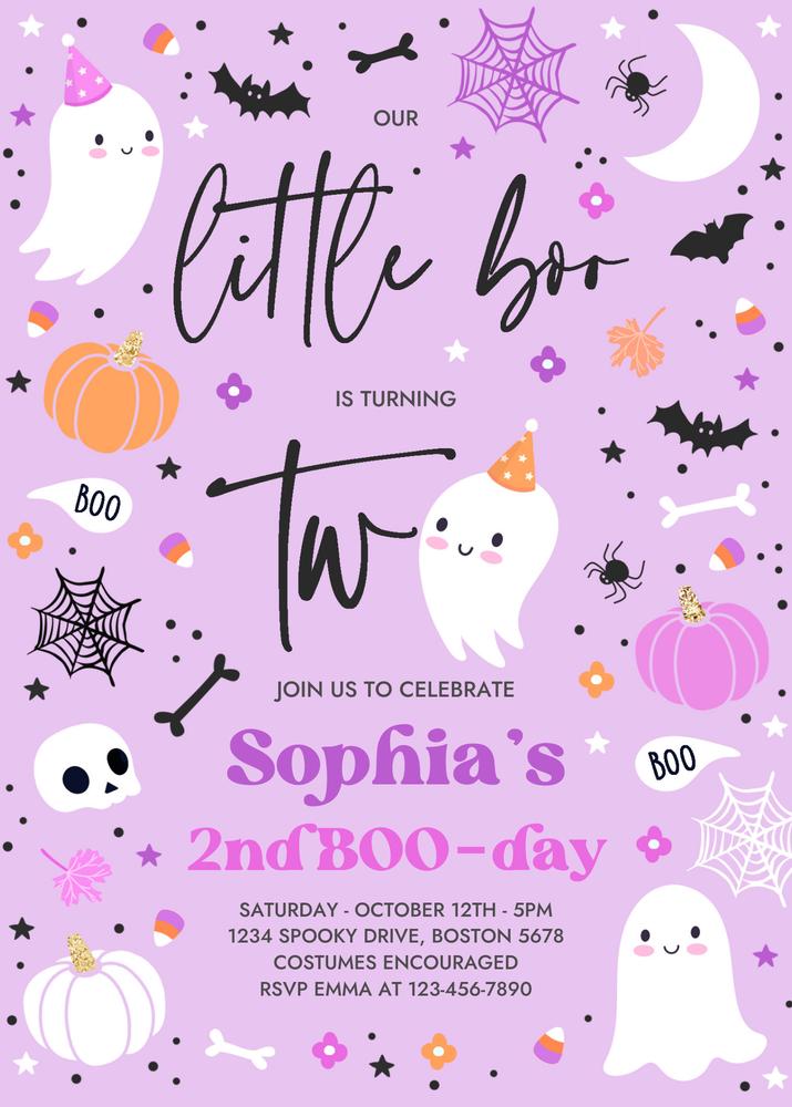 Editable Pink Little Boo 2nd Birthday Invitation | Cute Ghost Halloween Invite