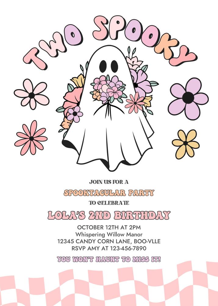 Retro Pink Ghost 2nd Birthday Invitation | Spooky Two Groovy Halloween Template