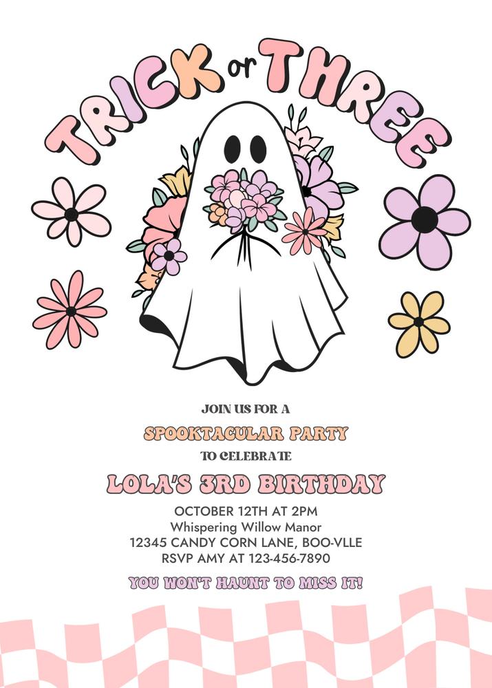 Retro Pink Ghost 3rd Birthday Invitation | Editable Groovy Halloween Invite