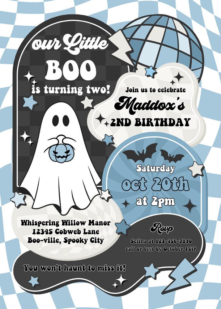 Our Little Boo is Turning Two Birthday Invitation | Retro Groovy Ghost Canva