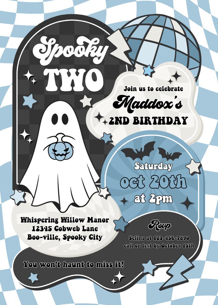 Two Spooky Boy 2nd Birthday Invitation | Retro Groovy Ghost Canva Template