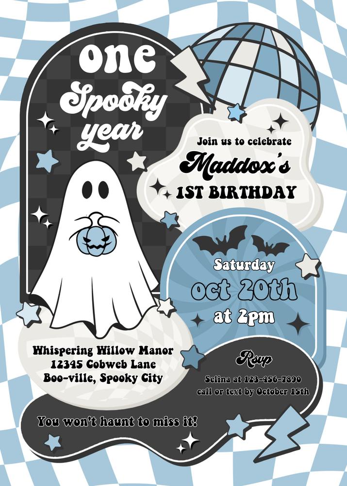 Retro Spooky Vibes Boy 2nd Birthday Invitation | Editable Canva Ghost Invite