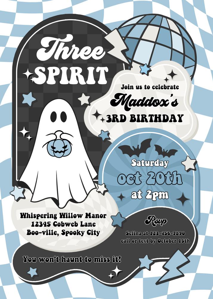 Three Spirit Halloween 3rd Birthday Invitation | Retro Groovy Ghost Canva