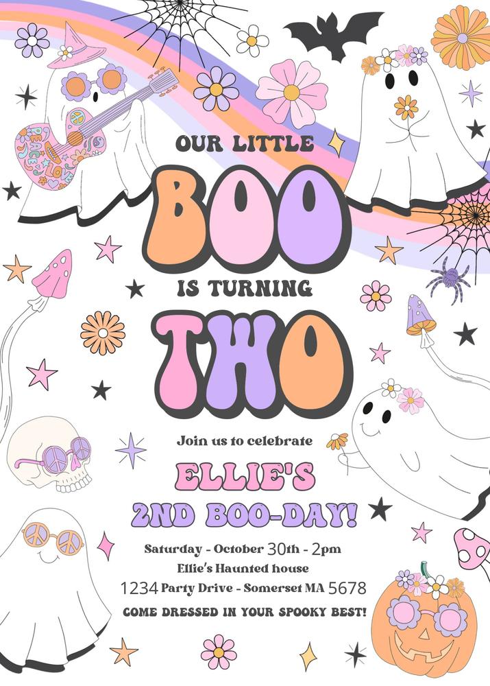 Editable Little Boo 2nd Birthday Invitation | Groovy Ghost Retro Halloween V9