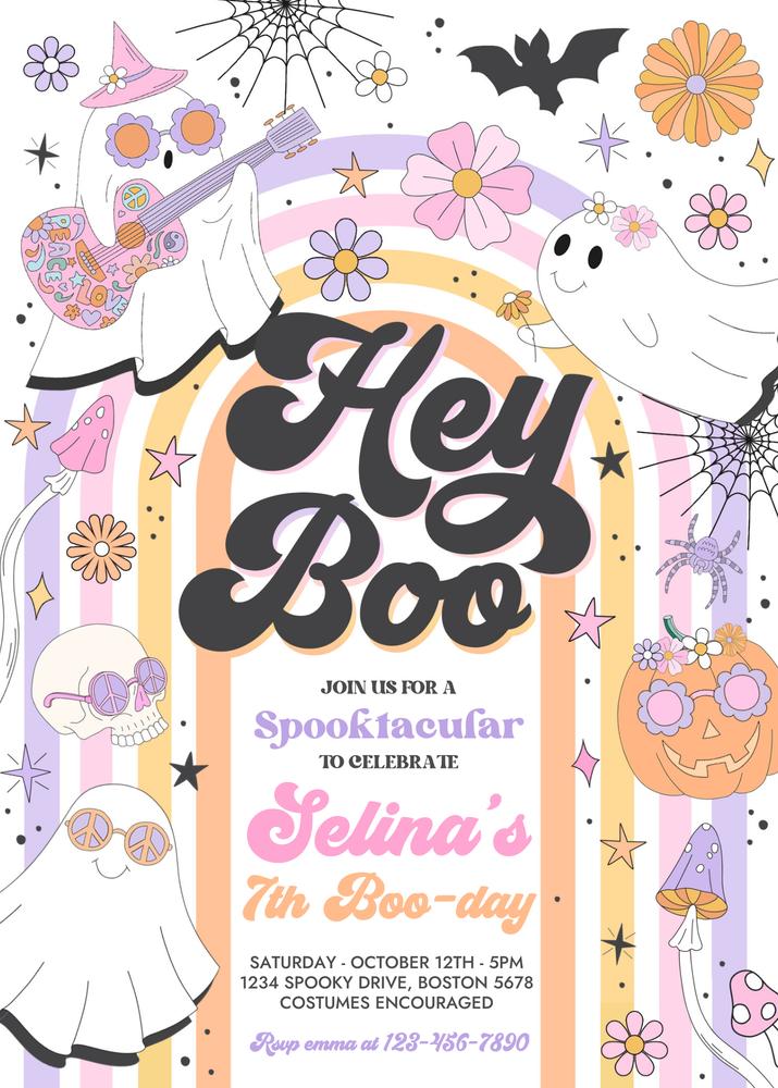 Editable Hey Boo Ghost Birthday Invitation - Retro Groovy Halloween Canva Template