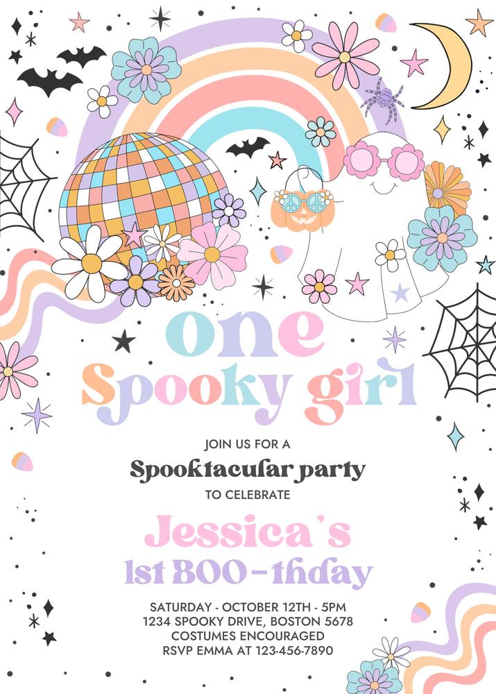 One Spooky Girl 1st Birthday Invitation | Groovy Ghost Retro Halloween Template