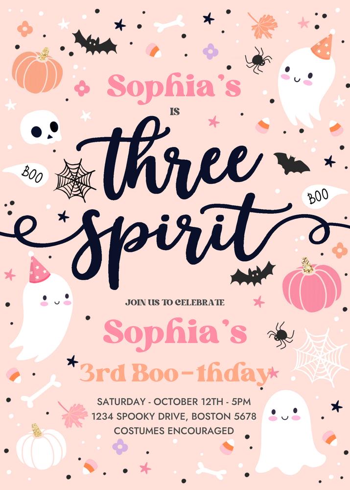 Pink Ghost 3rd Birthday Invitation | Three Spirit Halloween Spooktacular Canva
