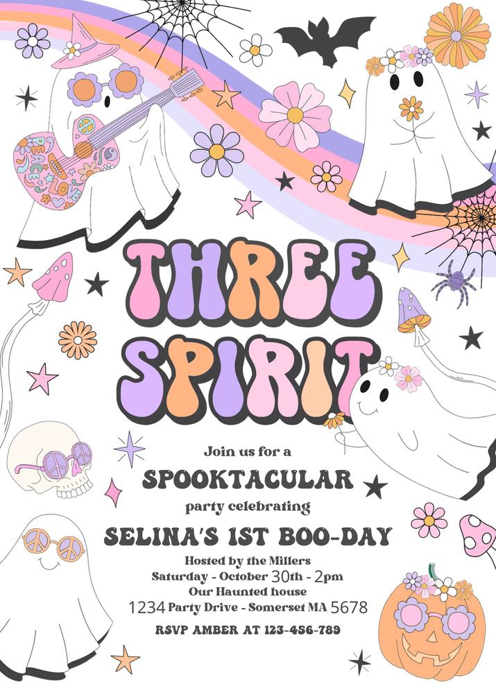 Retro Three Spirit Halloween Ghost 3rd Birthday Invitation Canva Template
